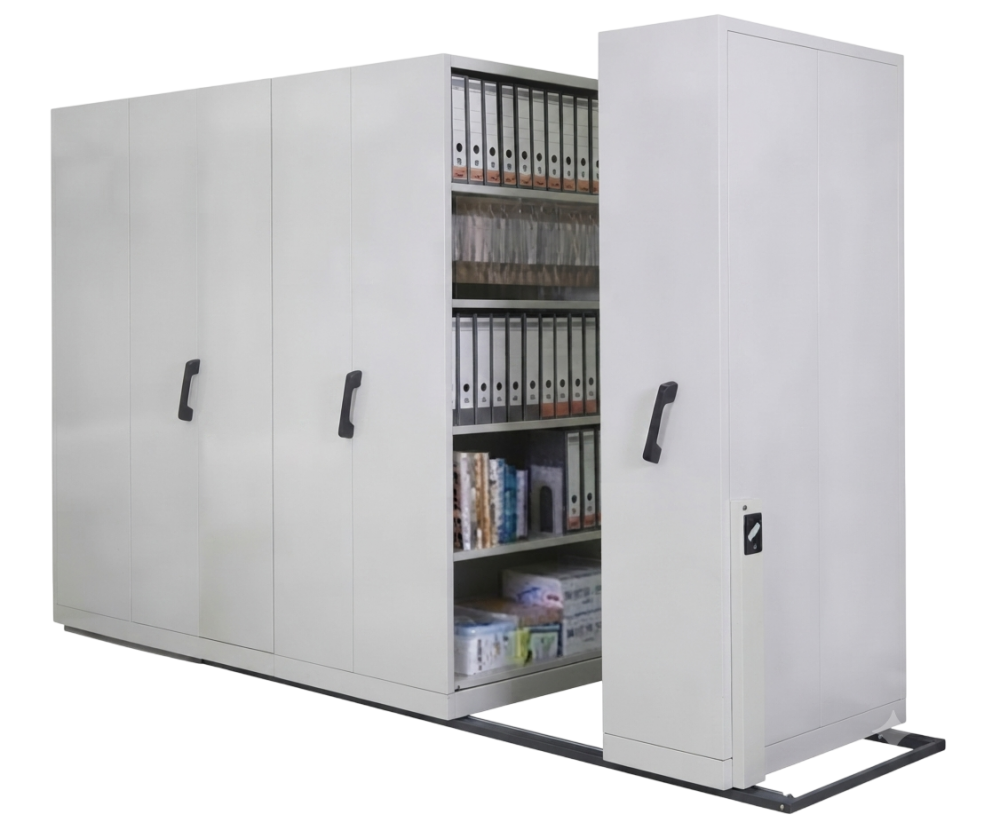 S117/B-LG  Bay Mobile Steel Compactors With Dual Purpose Shelves (1xSingle Static Bay, 2xDouble Moveable Bay & 1xSingle Moveable Bay) - Size : 333W x 91D x 211H (cm)