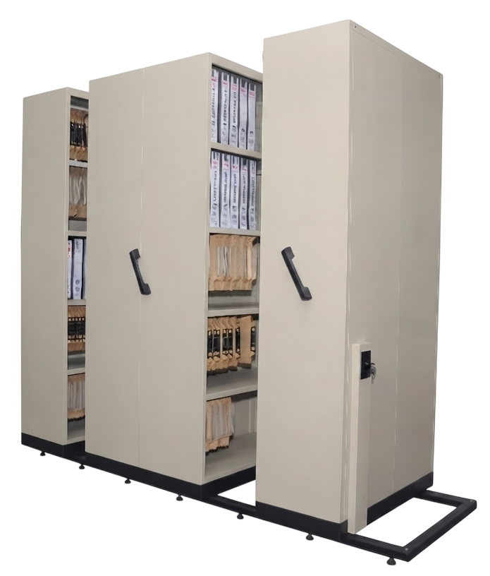 S117/A-BG 4 Bay Mobile Steel Compactors With Dual Purpose Shelves (1xSingle Static Bay, 1xDouble Moveable Bay & 1xSingle Moveable Bay) - Size : 249W x 91D x 211H (cm)