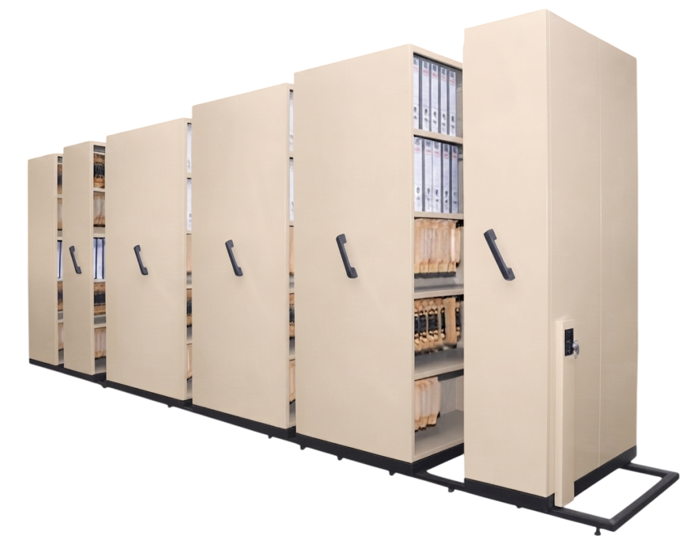 S117/9-BG 9 Bay Mobile Steel Compactor (1xSingle Static Bay, 3xDouble Moveable Bay & 2xSingle Moveable Bay) - Size : 459W x 91D x 211H (cm)