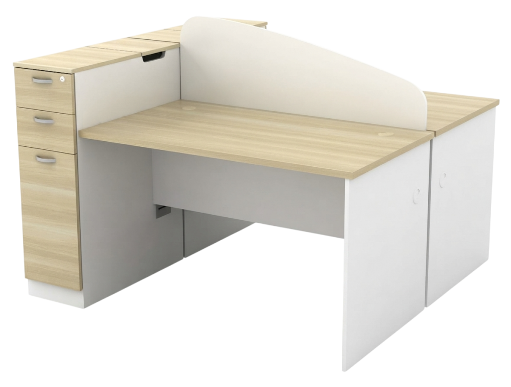 B-BMW4-WHBA 2 Seaters Workstation With Wooden Desking Panel & Tall Pedestal - Size : 150W x 146D x 108H (cm)