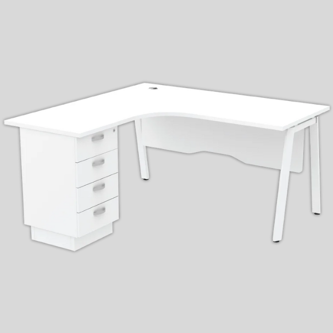 ASWL/R-1815-4D-WHWH Astra Series Compact L Shape Table With Wooden Modesty Panel And Fixed Pedestal 4-Drawers - Size : 180/70L x 150/60W x 75H (cm)