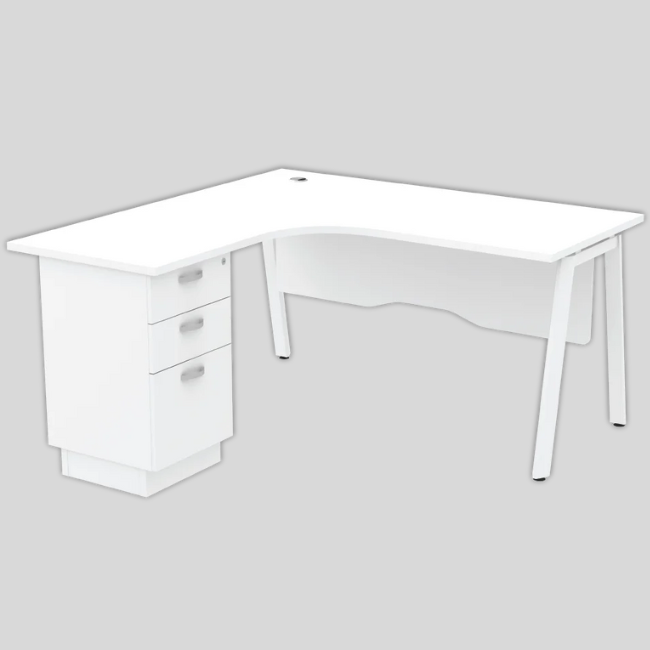 ASWL/R-1815-3D-WHWH Astra Series Compact L-Shape Table With Wooden Modesty Panel And Fixed Pedestal 2-Drawers 1-F - Size : 180/70L x 150/60W x 75H (cm)