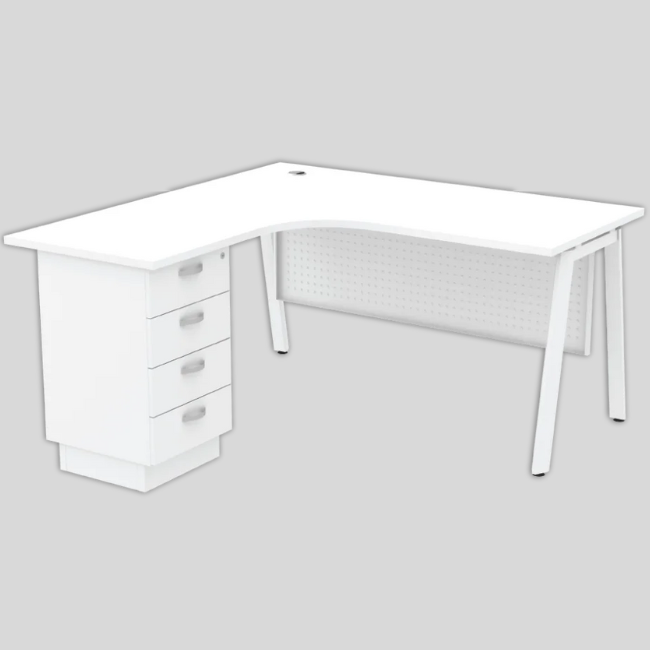 ASML/R-1515-4D-WH Astra Series Compact L Shape Table With Wooden Modesty Panel And Fixed Pedestal 2-Drawers 1-F - Size : 180/70L x 150/60W x 75H (cm)