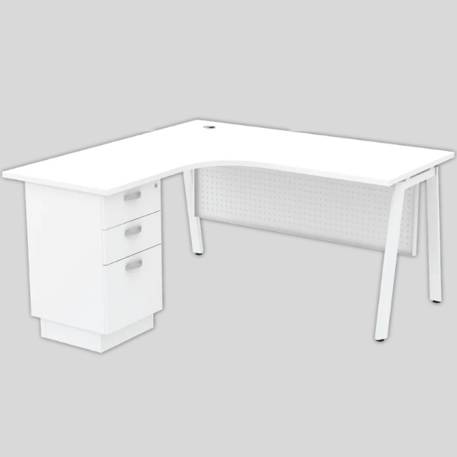 ASML/R-1815-3D-WH Astra Series Compact L Shape Table With Wooden Modesty Panel And Fixed Pedestal 2-Drawers 1-F - Size : 180/70L x 150/60W x 75H (cm)