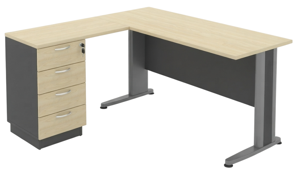 T156-4D-DGMP Timeless Series L Shape Table Set With 4 Drawers Fixed Pedestal - Size : 150L/60D x 140W/45D x 75H (cm)