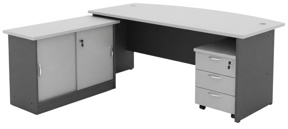 GM05-189-DGLG Budget Series Curve Front Executive Table Set With Side Cabinet & Mobile Pedestal 3 Drawers - Size : 180L x 180W x 75H (cm)