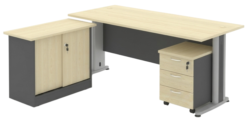 T03-158 Timeless Series Rectangular Metal J Leg Table Set With Side Cabinet And Mobile Pedestal 3 Drawers - Size : 150W x 80D x 75H (cm)