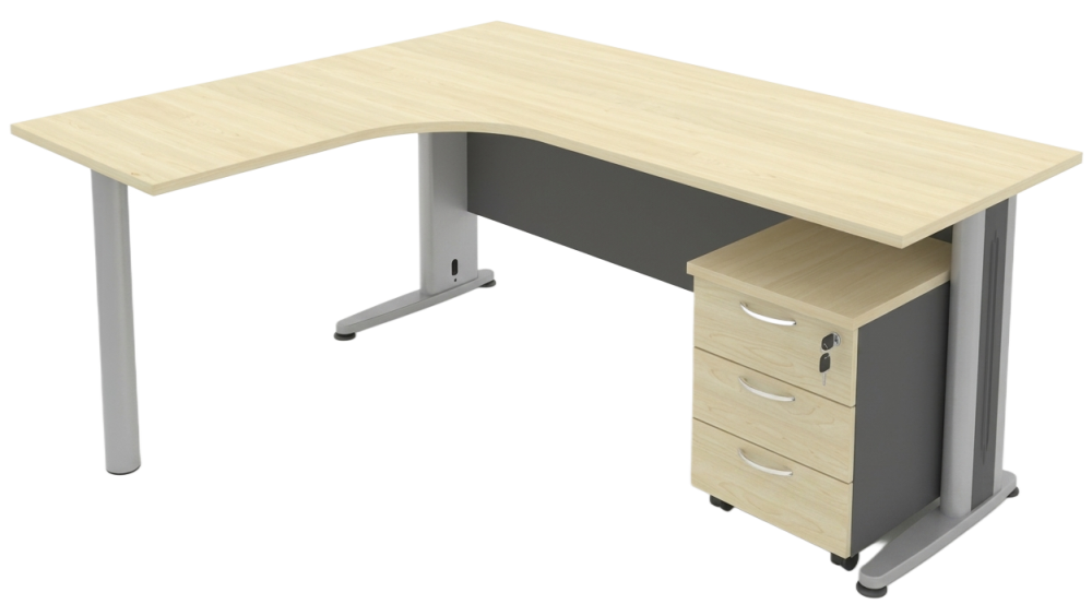 T08-1515-DGMP Timeless Series Compact L-Shape Metal J-Leg Table Set With Mobile Pedestal 3 Drawers - Size : 150/70L x 150/60W x 75H (cm)