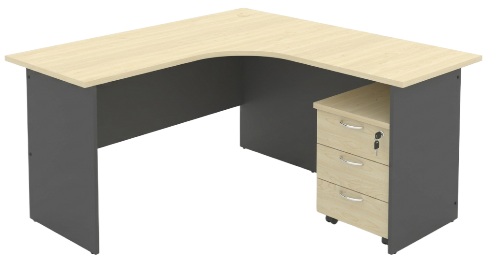 GM06-552-DGMP Budget Series Compact L-Shape Table Set With Mobile Pedestal 3 Drawers - Size : 150/60L x 150/60W x 75H (cm)
