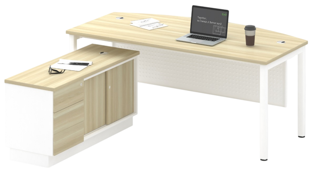 COMBO-1-SMB180A-WHBA Executive Table C/W Low Cabinet (Sliding Door + Fixed Pedestal 1D1F) - Size : 180W x 90D x 75H (cm)