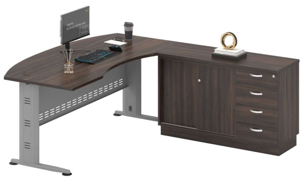 COMBO-1-QMB55-ACSV Executive Table C/W Long Cabinet (Sliding Door + Fixed Pedestal 4D) - Size : 180L/80D x 210W/45D x 75H (cm)