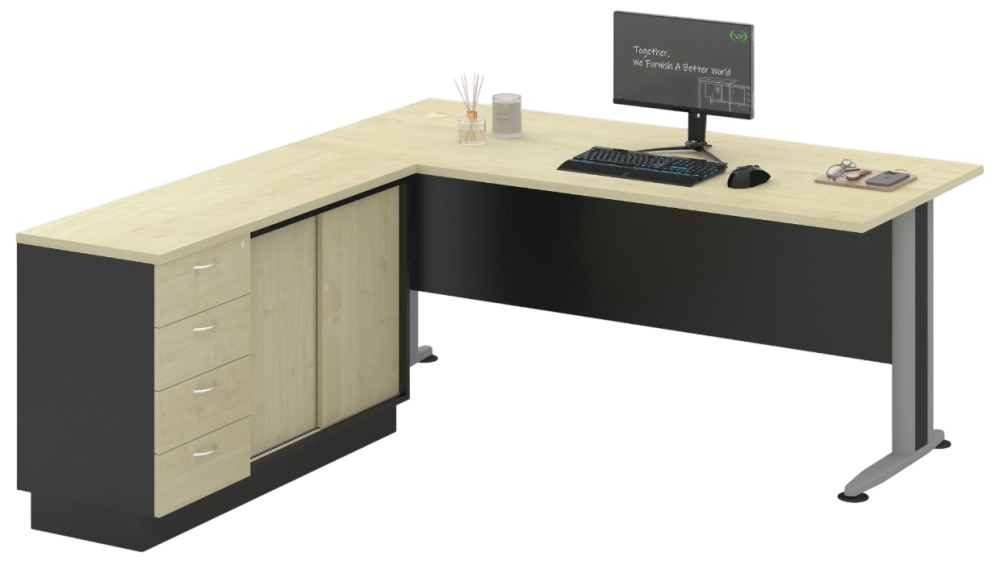 COMBO-1-TT188-DGMP Standard Table C/W Low Cabinet (Sliding Door + Fixed Pedestal 4D) - Size : 180L/80D x 200W/45D x 75H (cm)