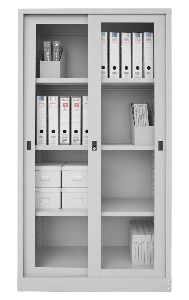 S119-LG Full Height Steel Cupboard With Glass Sliding Door - Size : 91W x 45D x 182H (cm)