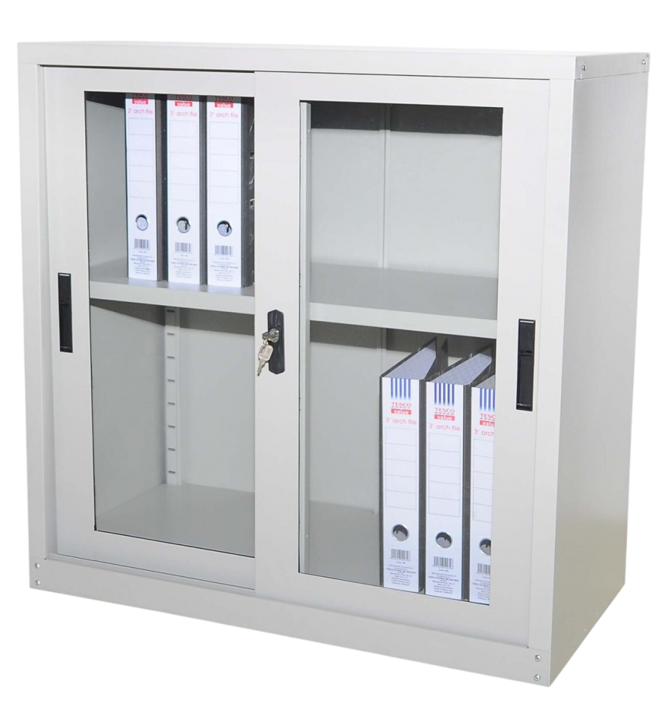 S110-LG Half Height Steel Cupboard With Glass Sliding Door - Size : 91W x 45D x 91H (cm)